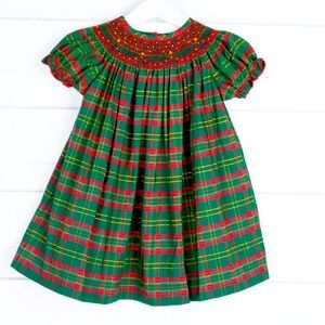 Classic Whimsy Geometric Smocked Christmas Green Plaid Dress 3T